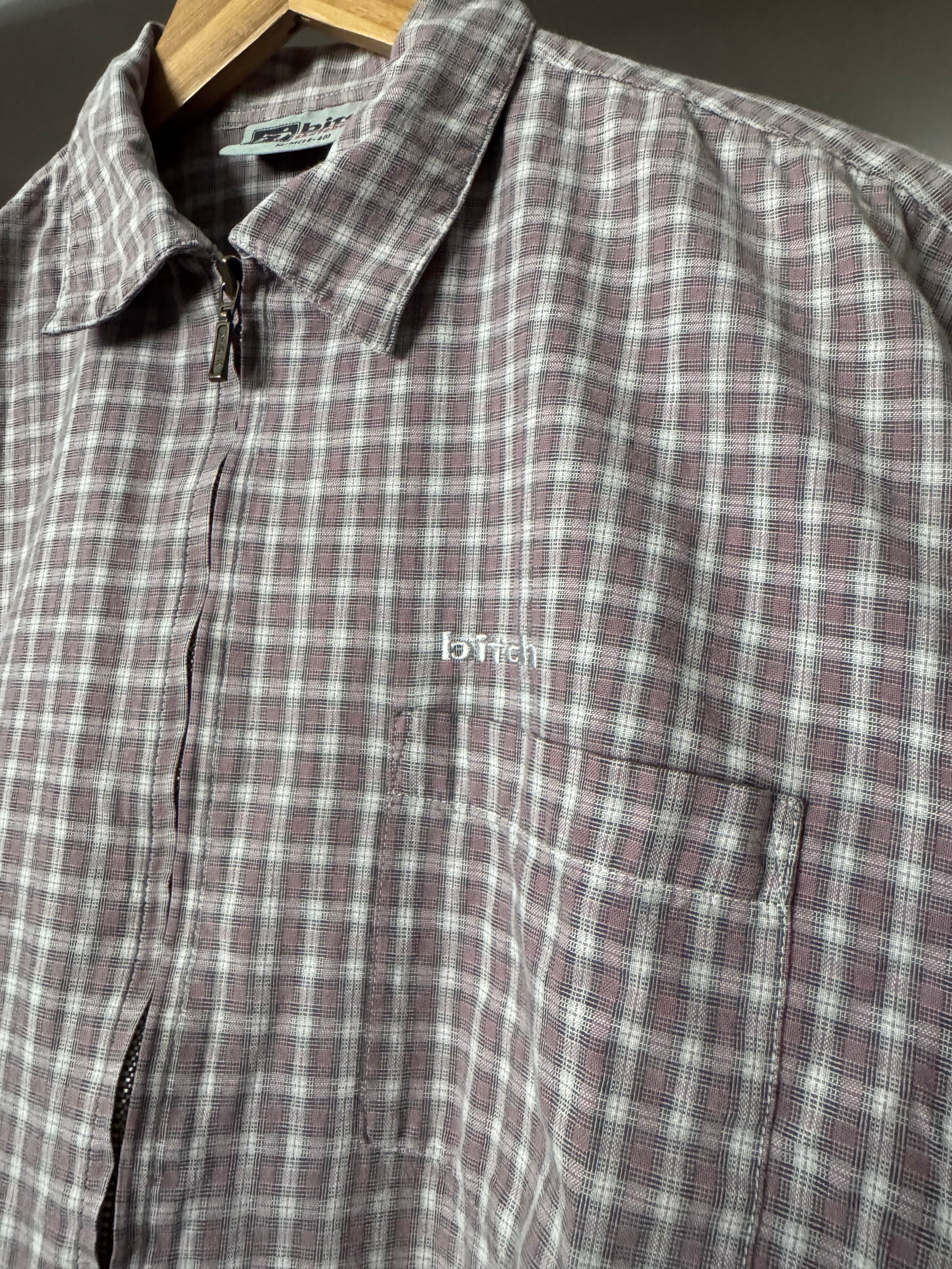 Bitch Skateboard Plaid Collared Short Sleeve Zip Up