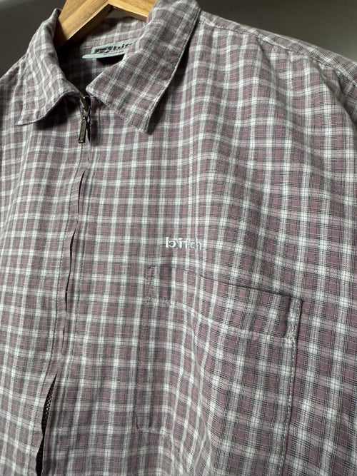 Bitch Skateboard Plaid Collared Short Sleeve Zip Up